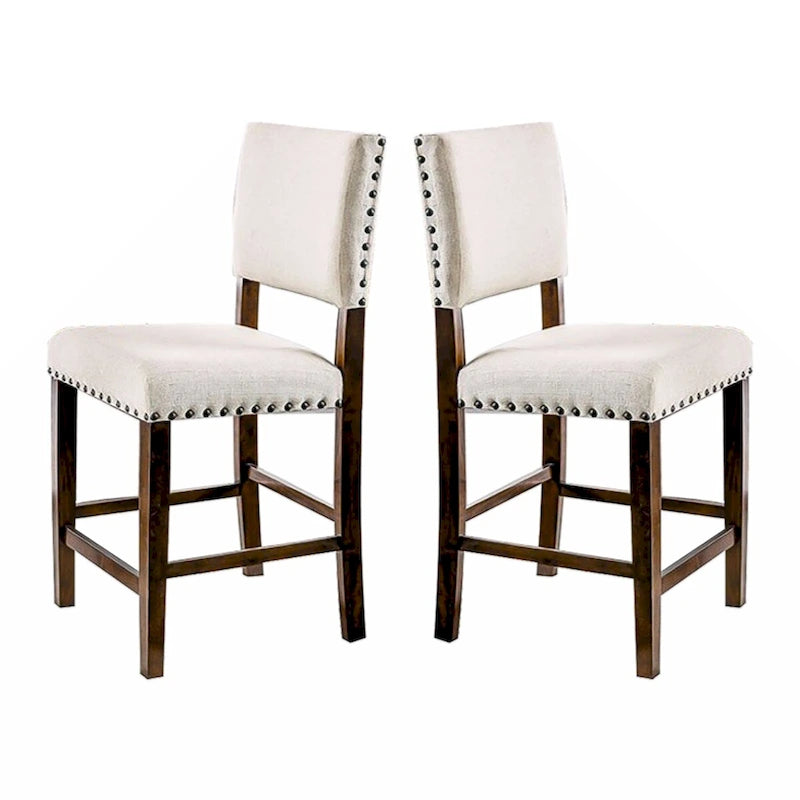 Brown Cherry & Ivory Linen Dining Chairs - Set of 2 with Nailhead Trim