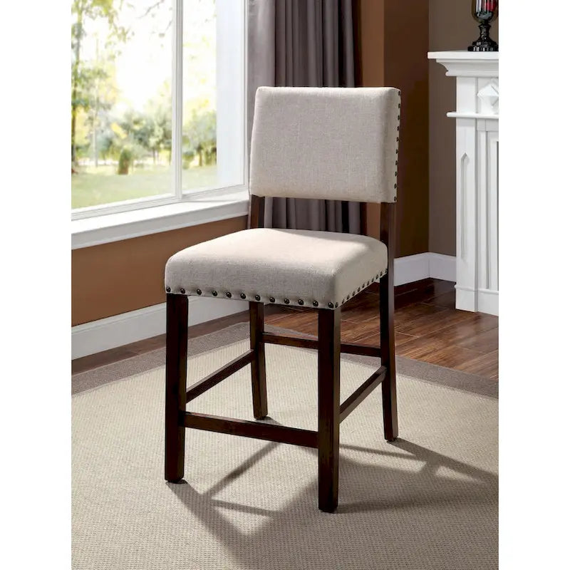 Set of 2 Linen Upholstered Dining Chairs with Nailhead Trim in Brown Cherry and Ivory