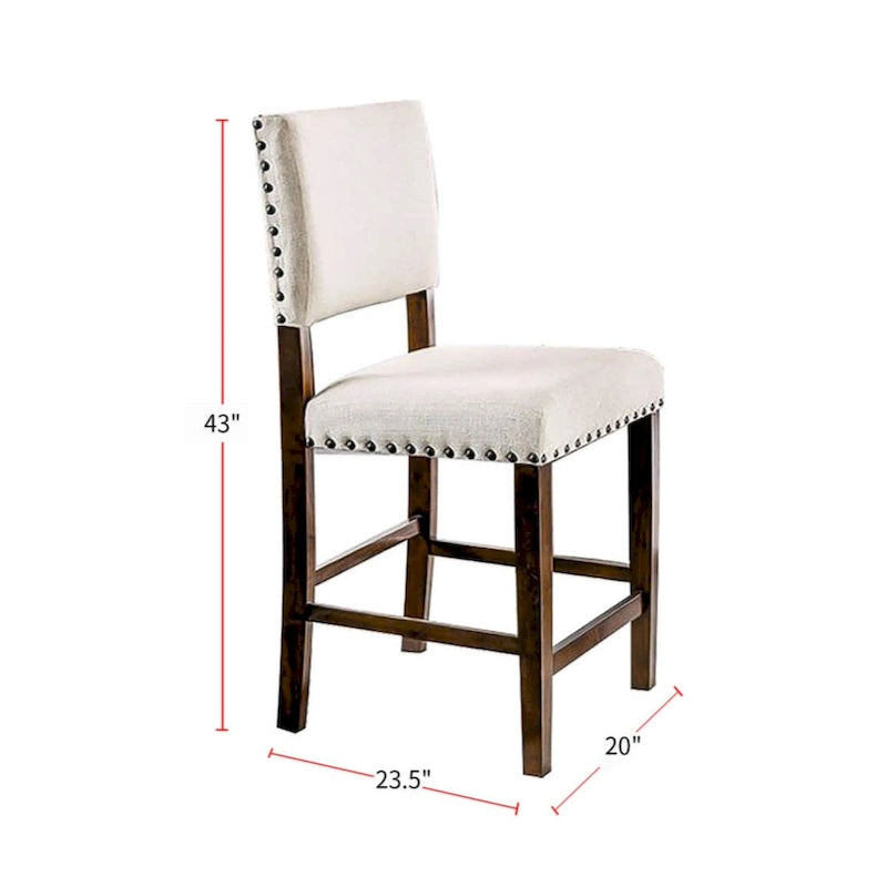 Brown Cherry & Ivory Linen Dining Chairs - Set of 2 with Nailhead Trim
