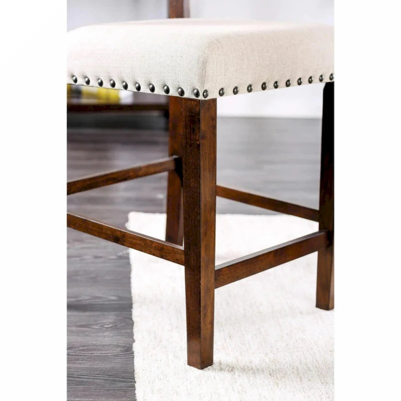 Brown Cherry & Ivory Linen Dining Chairs - Set of 2 with Nailhead Trim