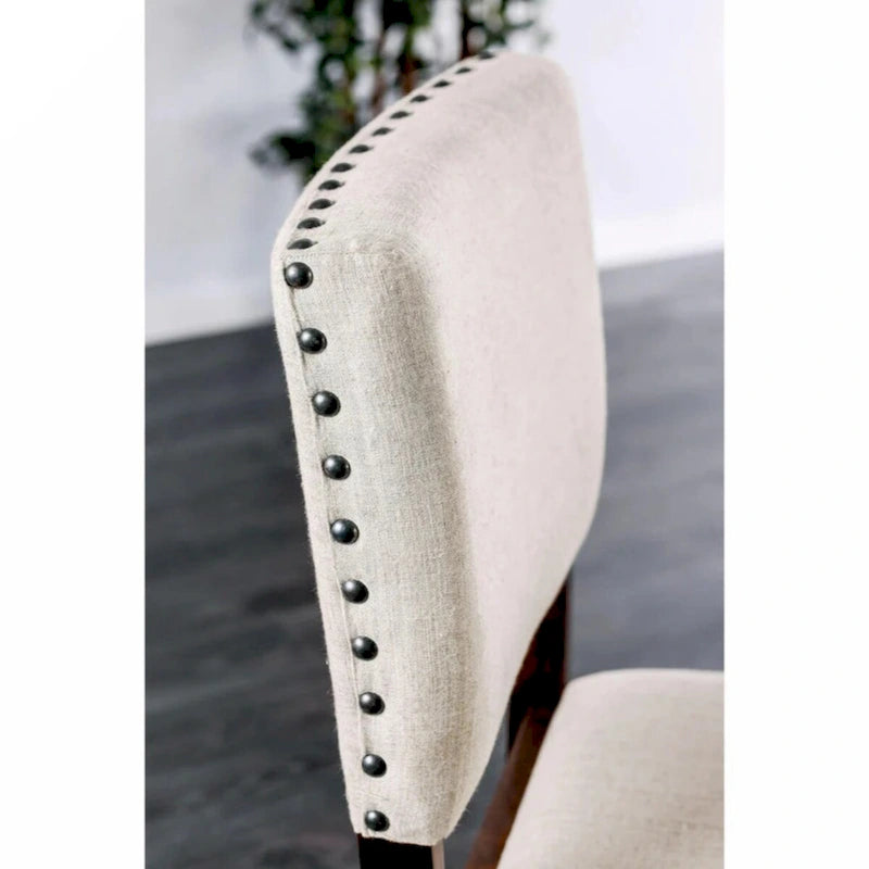 Brown Cherry & Ivory Linen Dining Chairs - Set of 2 with Nailhead Trim