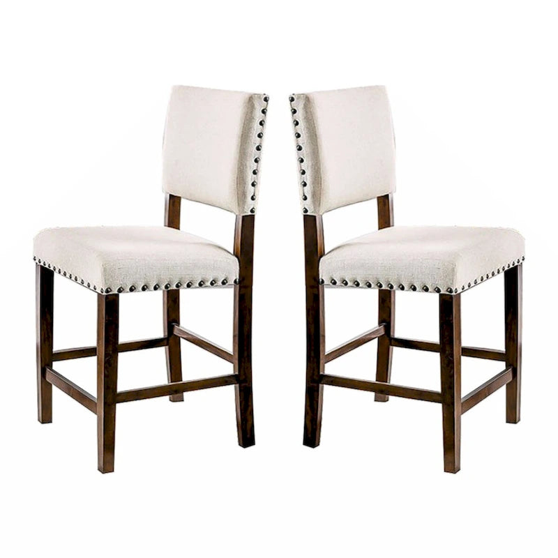 Brown Cherry & Ivory Linen Dining Chairs - Set of 2 with Nailhead Trim