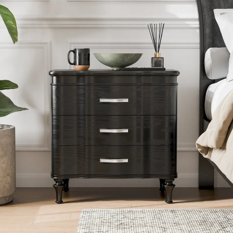 Black/Silver Glam 3-Drawer Nightstand - Solid Wood