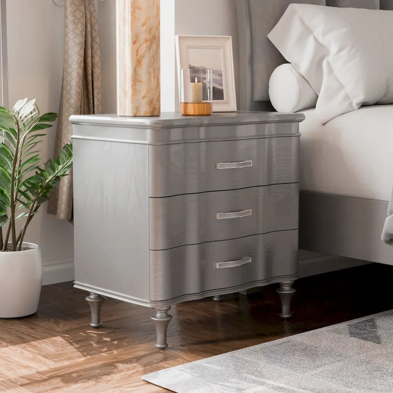 Black/Silver Glam 3-Drawer Nightstand - Solid Wood