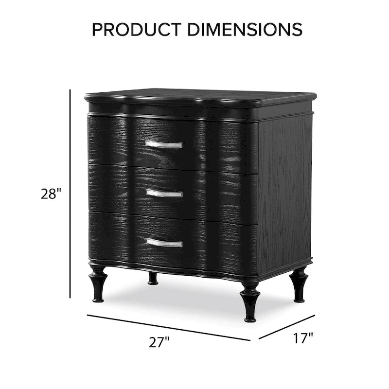 Black/Silver Glam 3-Drawer Nightstand - Solid Wood
